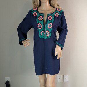 J. Crew Dress Large Blue Embroidered Beach Tunic Cover-up Tassels Linen-Blend